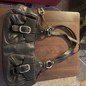 Etienne Aigner Black Leather Shoulder Bag with Buckle Accents